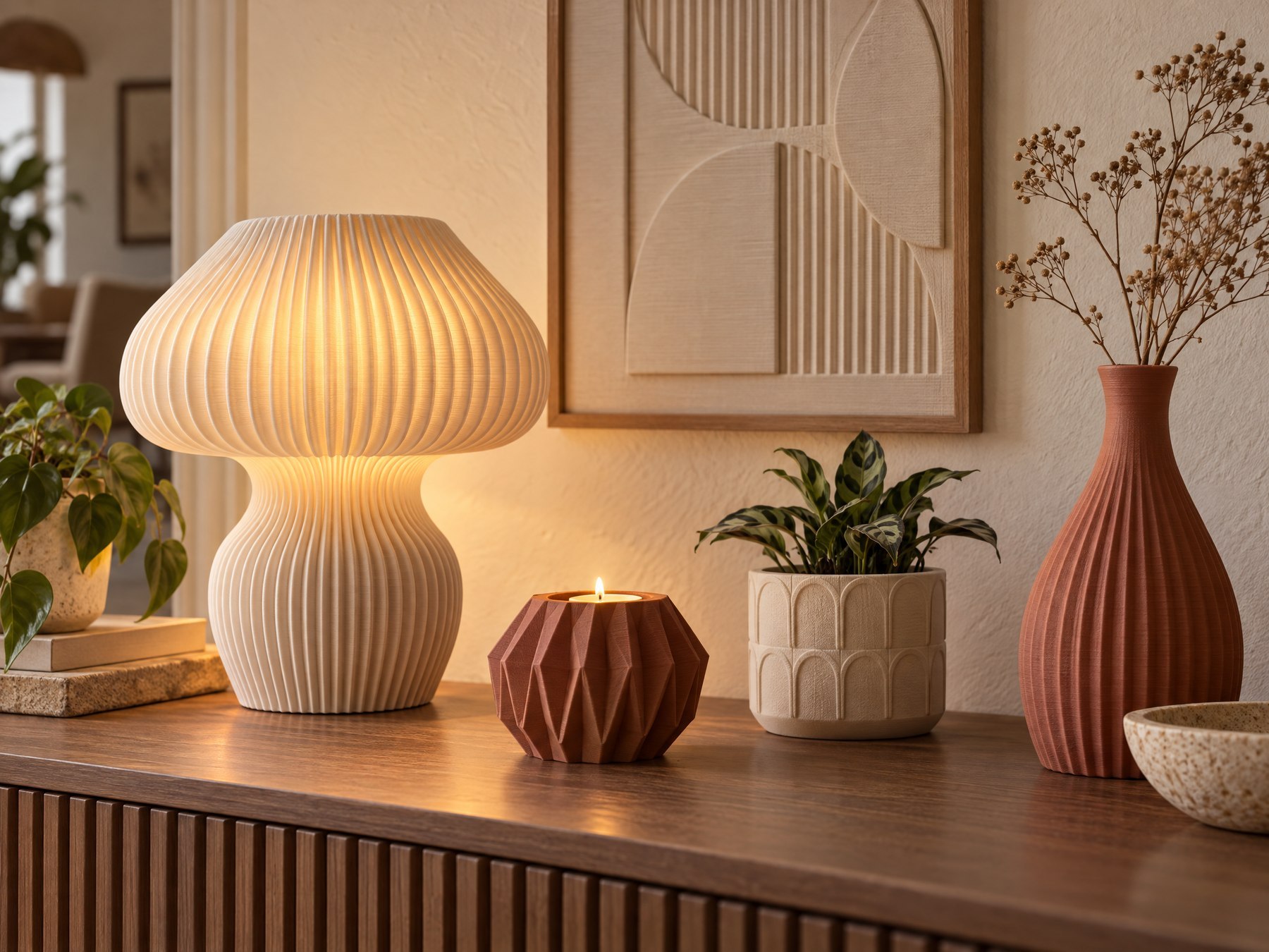 Decorative 3D-printed light and home accessories · Candeeiro decorativo e acessórios para a casa impressos em 3D