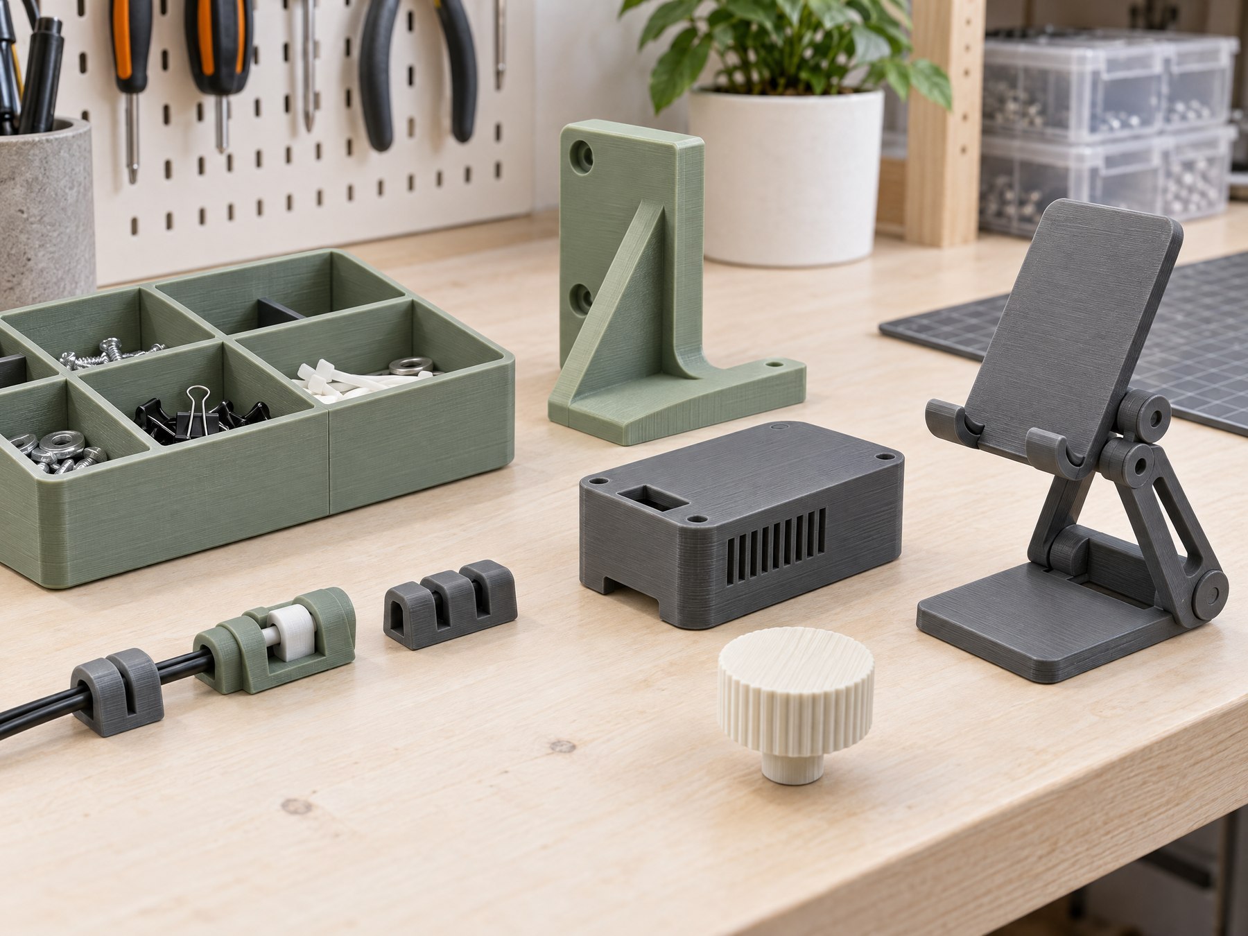 Useful desk organisers and prototypes · Organizadores úteis para secretária e protótipos